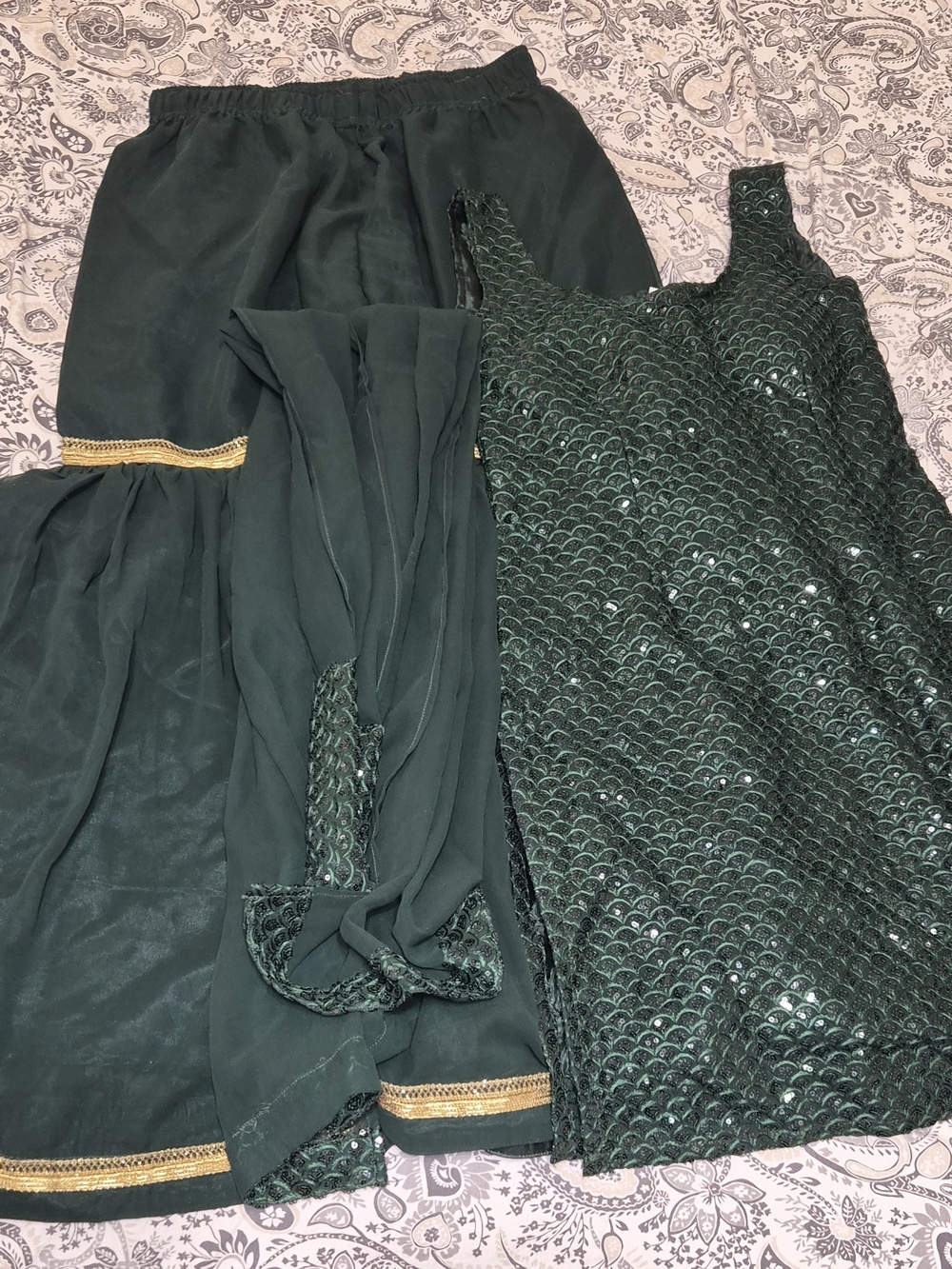 Dark Green One-Shoulder Sequin Women’s Dress with Matching Skirt and Dupatta